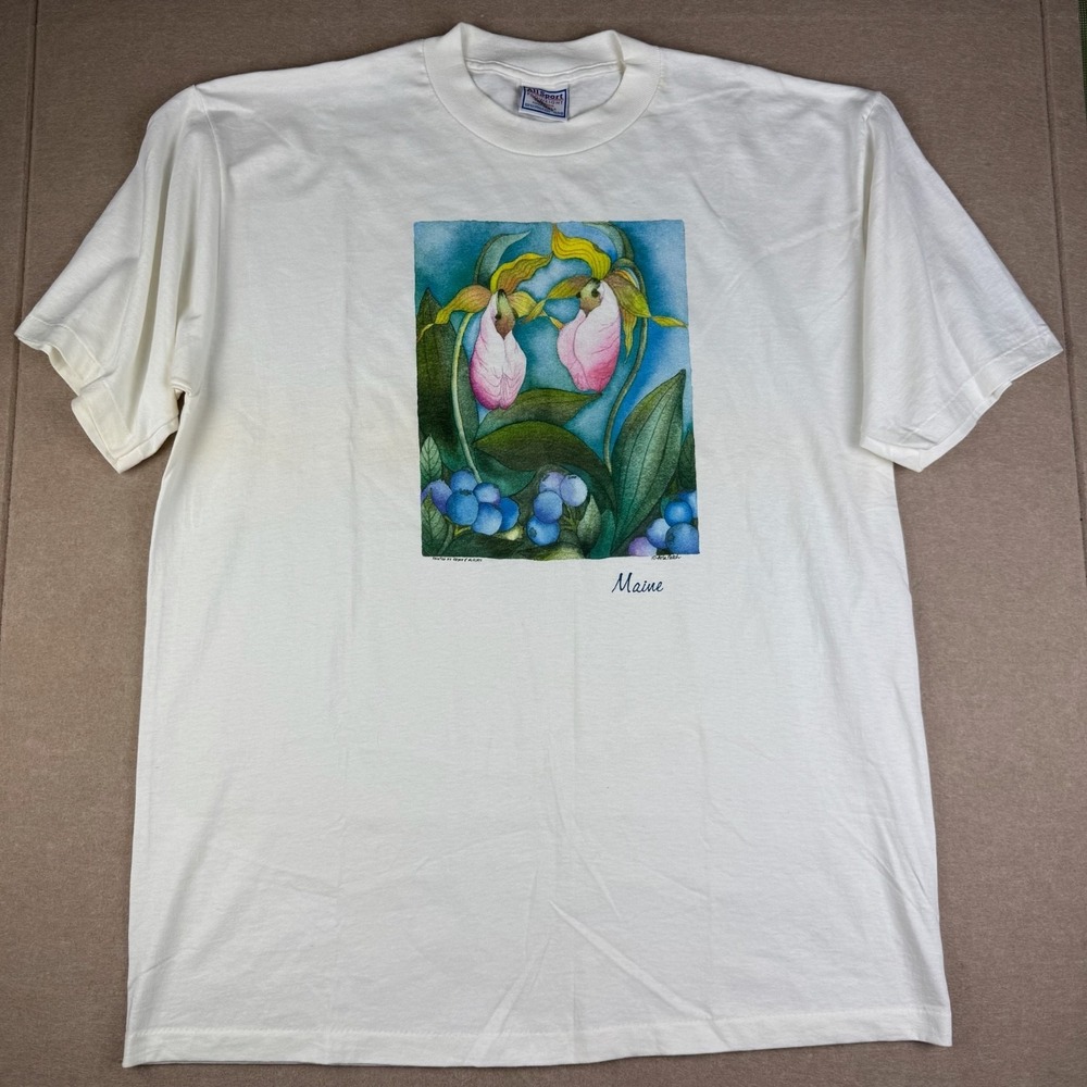 Vintage Maine Nature Shirt Mens XL White Floral Graphic USA‎ Made Single Stitch